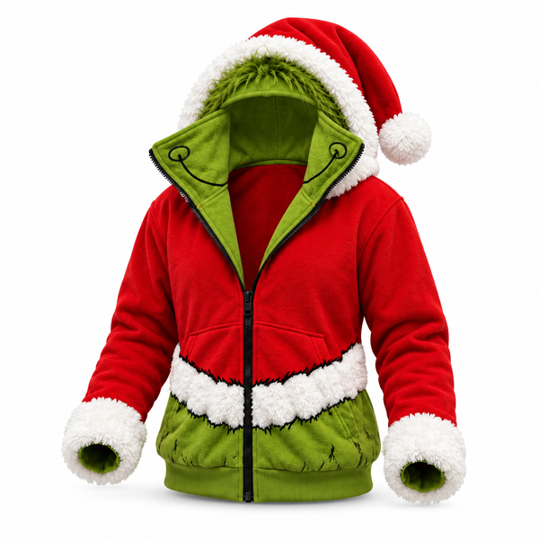 GreenMonster Christmas zip-up hoodie with mask collar open, three-quarter view on white background