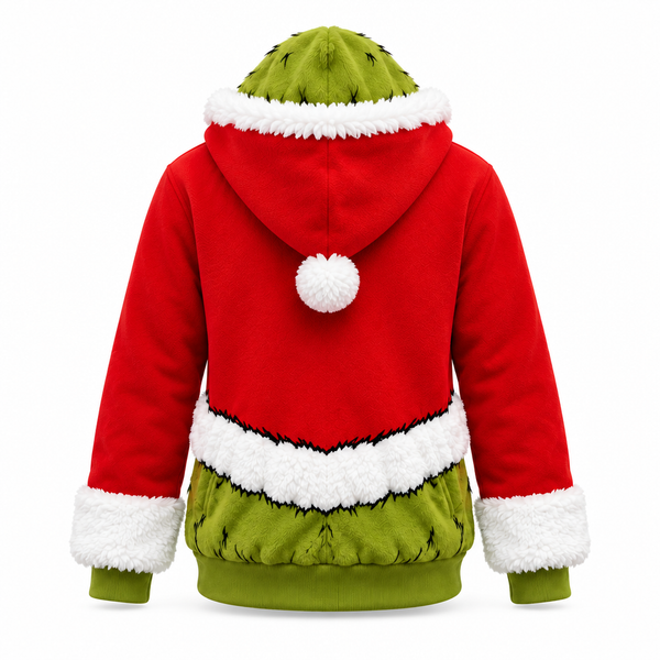 GreenMonster Christmas zip-up hoodie back view on white background