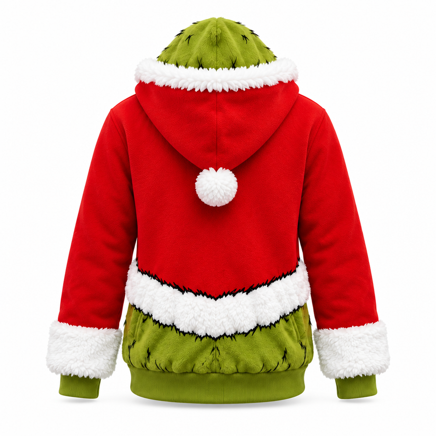 GreenMonster Christmas zip-up hoodie back view on white background