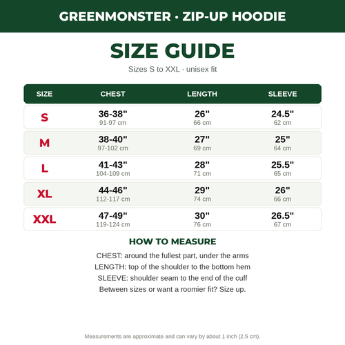 GreenMonster hoodie size guide S to XXL