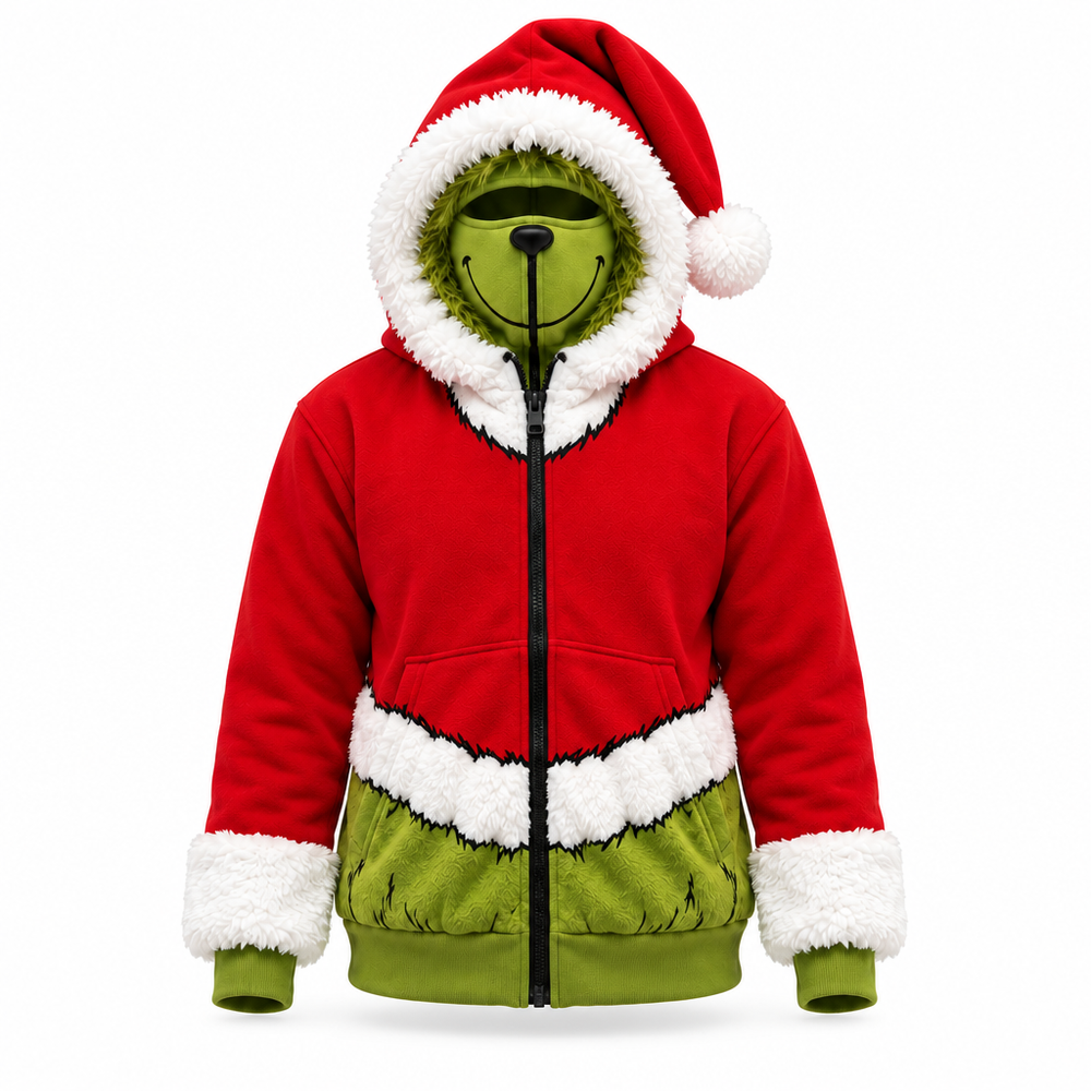GreenMonster green and red Christmas zip-up hoodie with mask collar and Santa hood, front view on white background