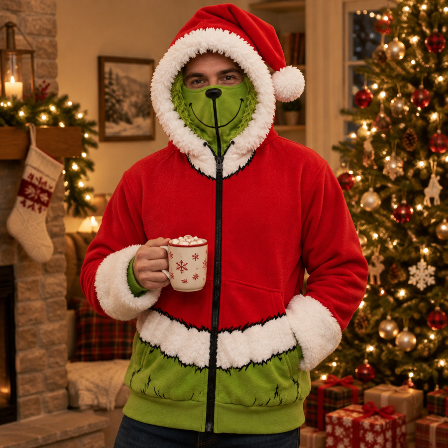 Man wearing the GreenMonster Christmas hoodie with mask zipped up and Santa hood on in a cozy living room by a Christmas tree