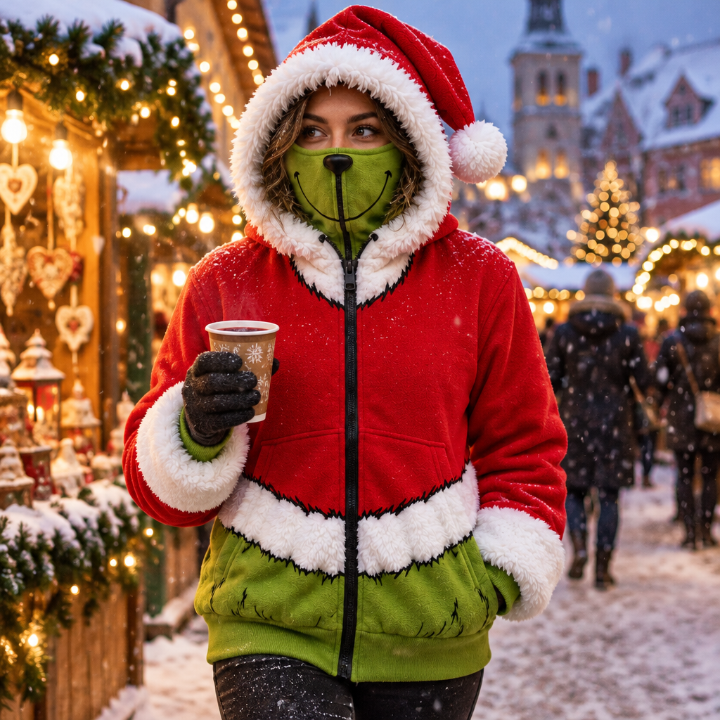 Woman wearing the GreenMonster Christmas hoodie in a snowy Christmas market at dusk