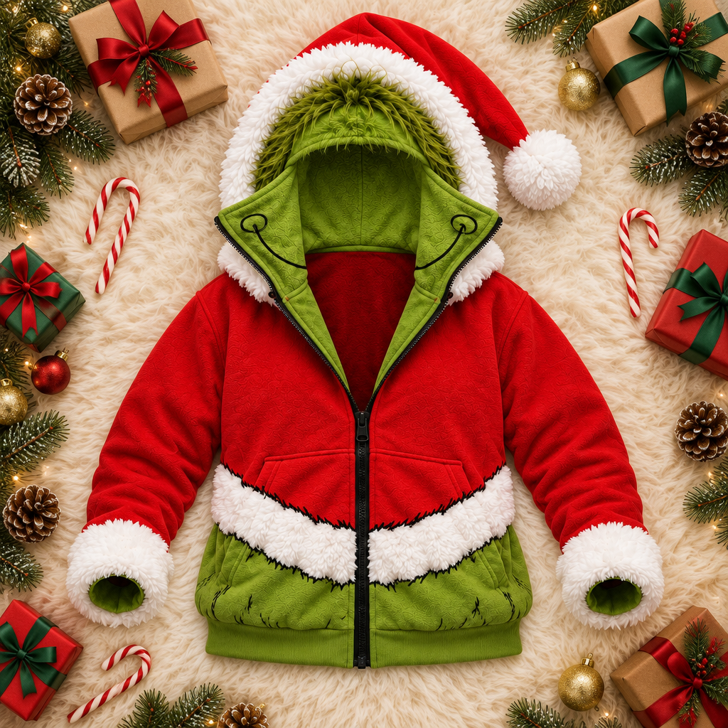 GreenMonster Christmas zip-up hoodie flat lay with gifts, candy canes and pine branches