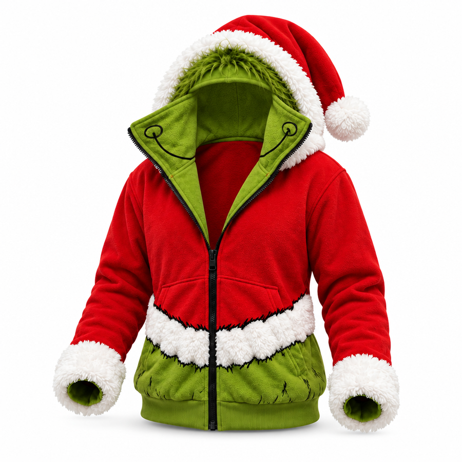 GreenMonster Christmas zip-up hoodie with mask collar open, three-quarter view on white background