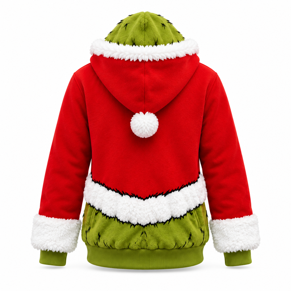 GreenMonster Christmas zip-up hoodie back view on white background